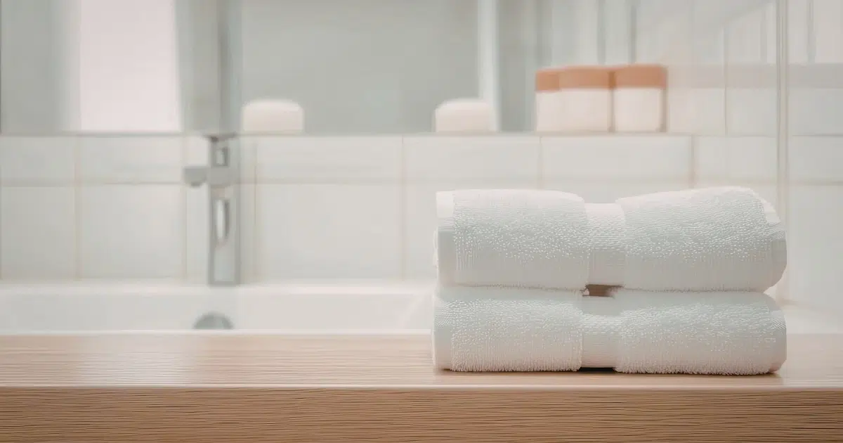 White towels on a wood counter with white tub and white tile wall in the background