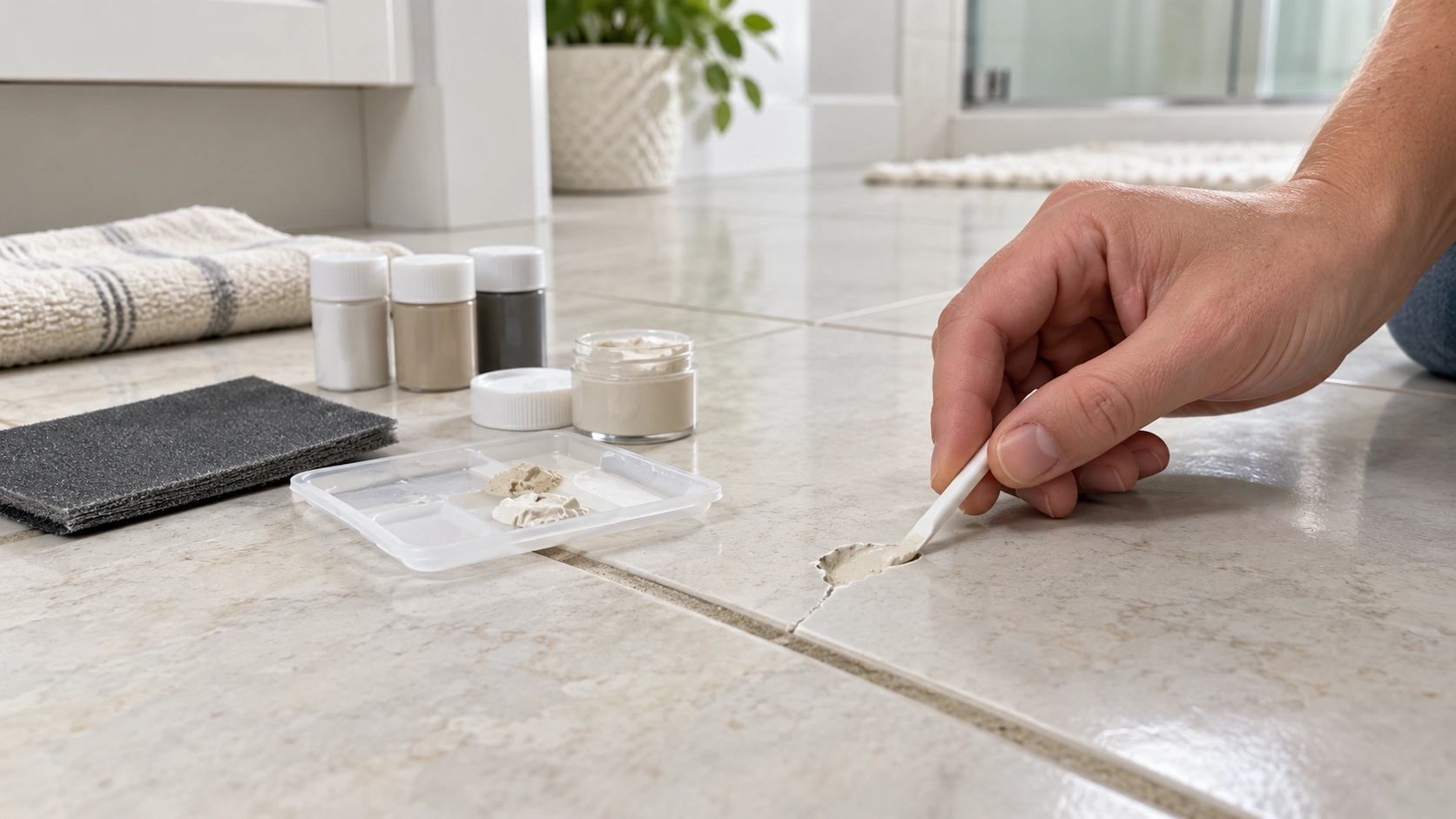 Homeowner using a tile repair kit to fill a small chip in a ceramic floor tile.
