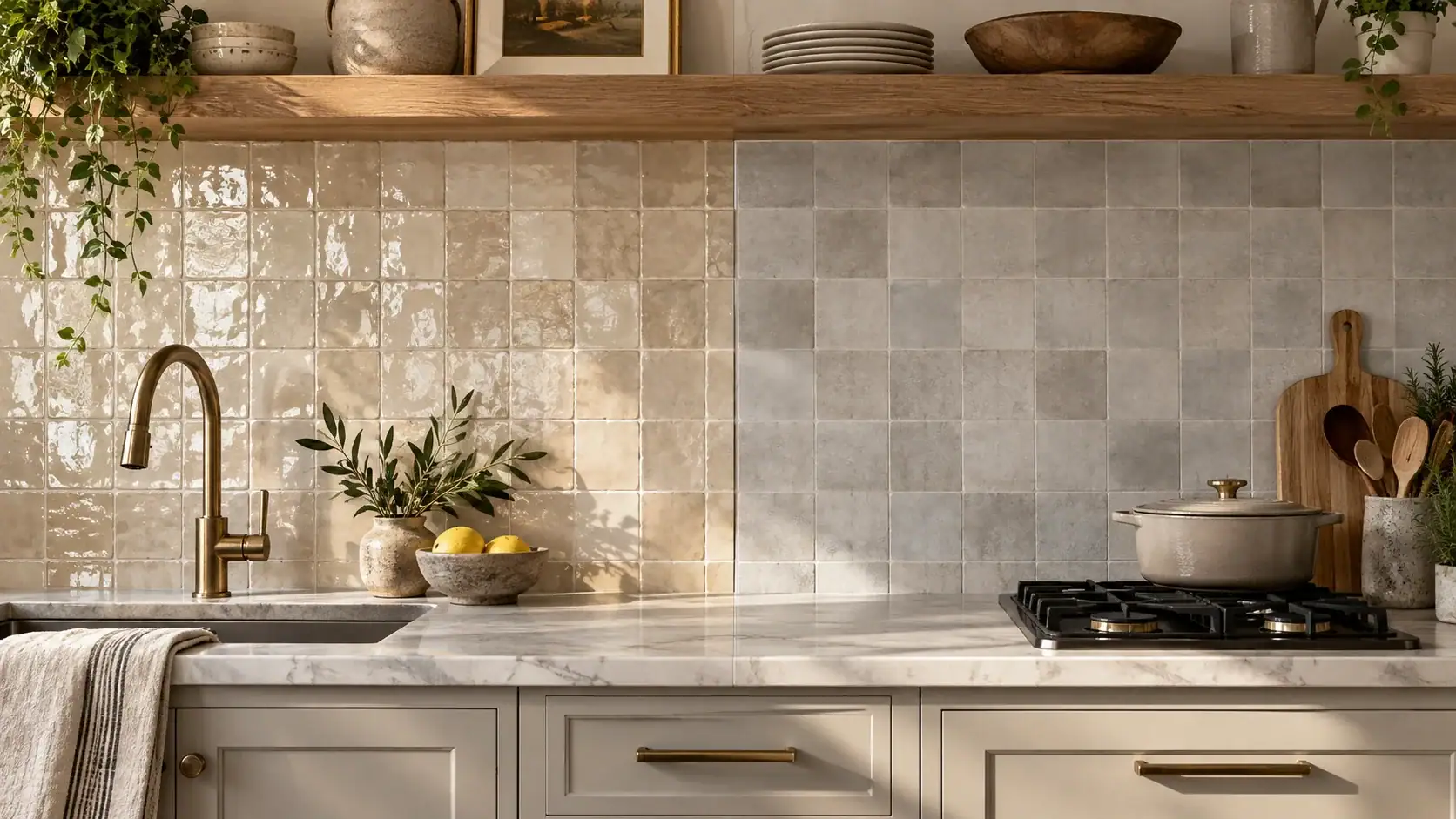 Side-by-side kitchen backsplash showing glossy handmade-look Zellige tile and a more uniform textured porcelain alternative.